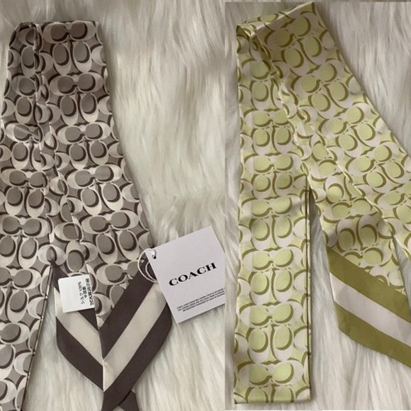 COACH Signature Print Silk Skinny Scarf Set in Pale Lime/Bone Grey - Picture 1 of 5